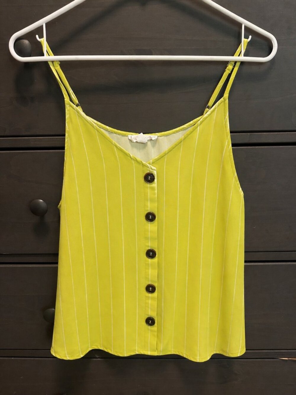 Women's Chartreuse Camisole with White Strips and Brown Buttons